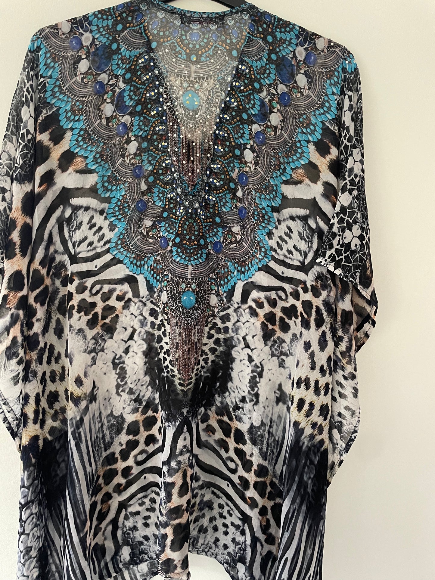 Stunning Beaded/Sequin Trim Kaftan leopard/blues - ONE SIZE